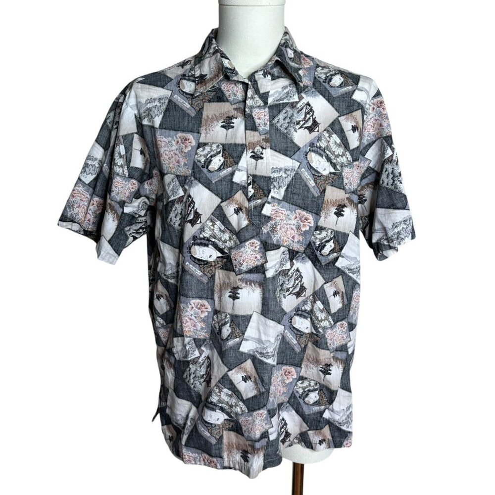 Vintage 90s Blue Paradise Pullover Hawaiian Shirt L Black Reverse Asian Print